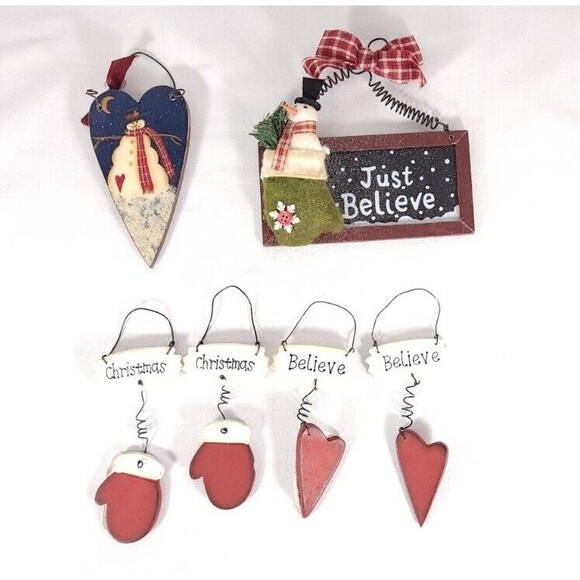 Lot of 6 Rustic Wooden Christmas Ornaments Snowman mittens Believe Wood - Picture 3 of 5